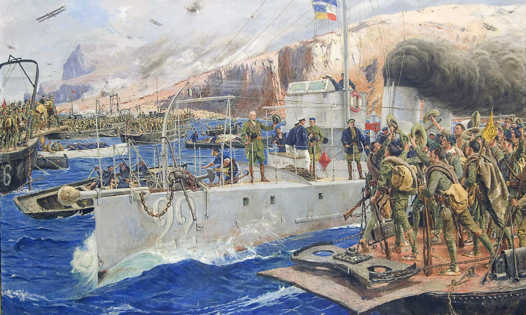 El desembarcament de l’Armada espanyola a la badia d’Alhucemas va tenir lloc el 8 de setembre del 1925, sota la direcció del general Miguel Primo de Rivera, i va suposar la fi de la guerra d’Espanya contra el Marroc. A la coberta del torpediner 22 apareixen els generals Miguel Primo de Rivera (1870-1930) i José Sanjurjo Sacanell (1872-1936), i al fons es pot veure la muntanya del Morro Nuevo. Pintura obra de José Moreno Carbonero. Wikimedia Commons – Museu del Prado.