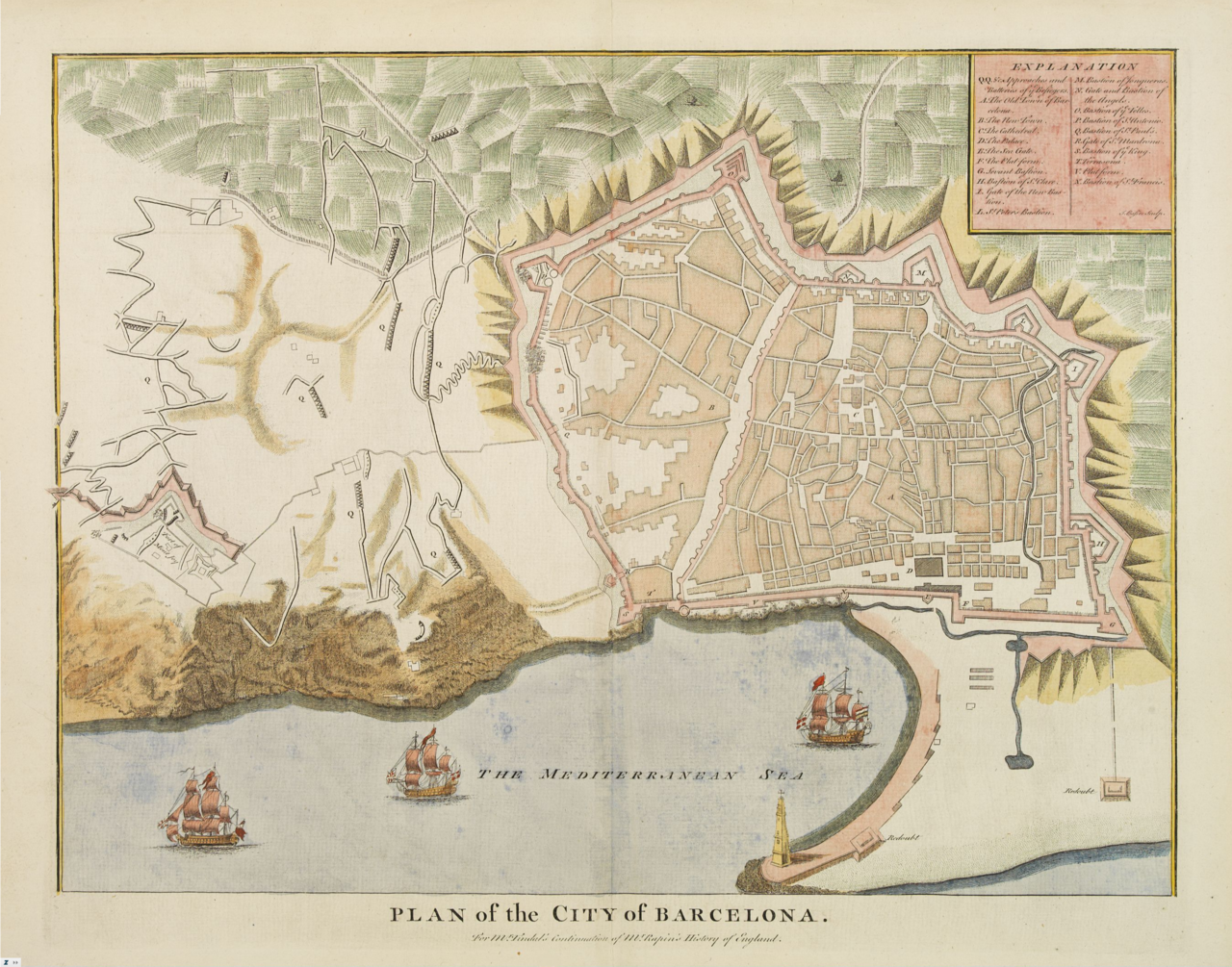 Carte de Barcelone, tirée de la deuxième édition de la traduction par Nicolas Tindal de l'Histoire d'Angleterre de Rapin, publiée en 1732. Photo : Wikimedia Commons. Argo 16. Musée maritime de Barcelone.