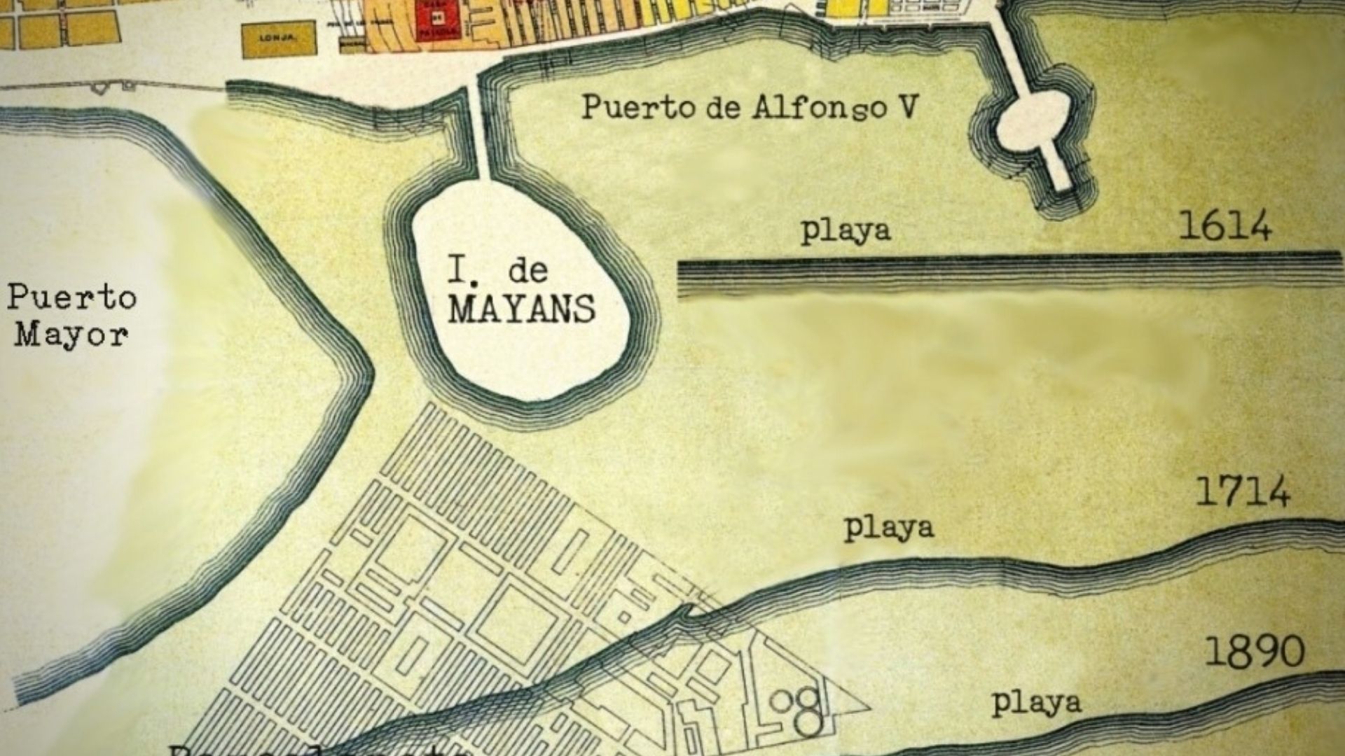 L'île de Maians, aujourd'hui disparue, était un vaste banc de sable s'avançant sur une centaine de mètres dans la mer et qui servit de point de départ aux premières tentatives de construction d'un port à Barcelone. Photo : WikimediaCommons. Argo 16. Musée maritime de Barcelone.