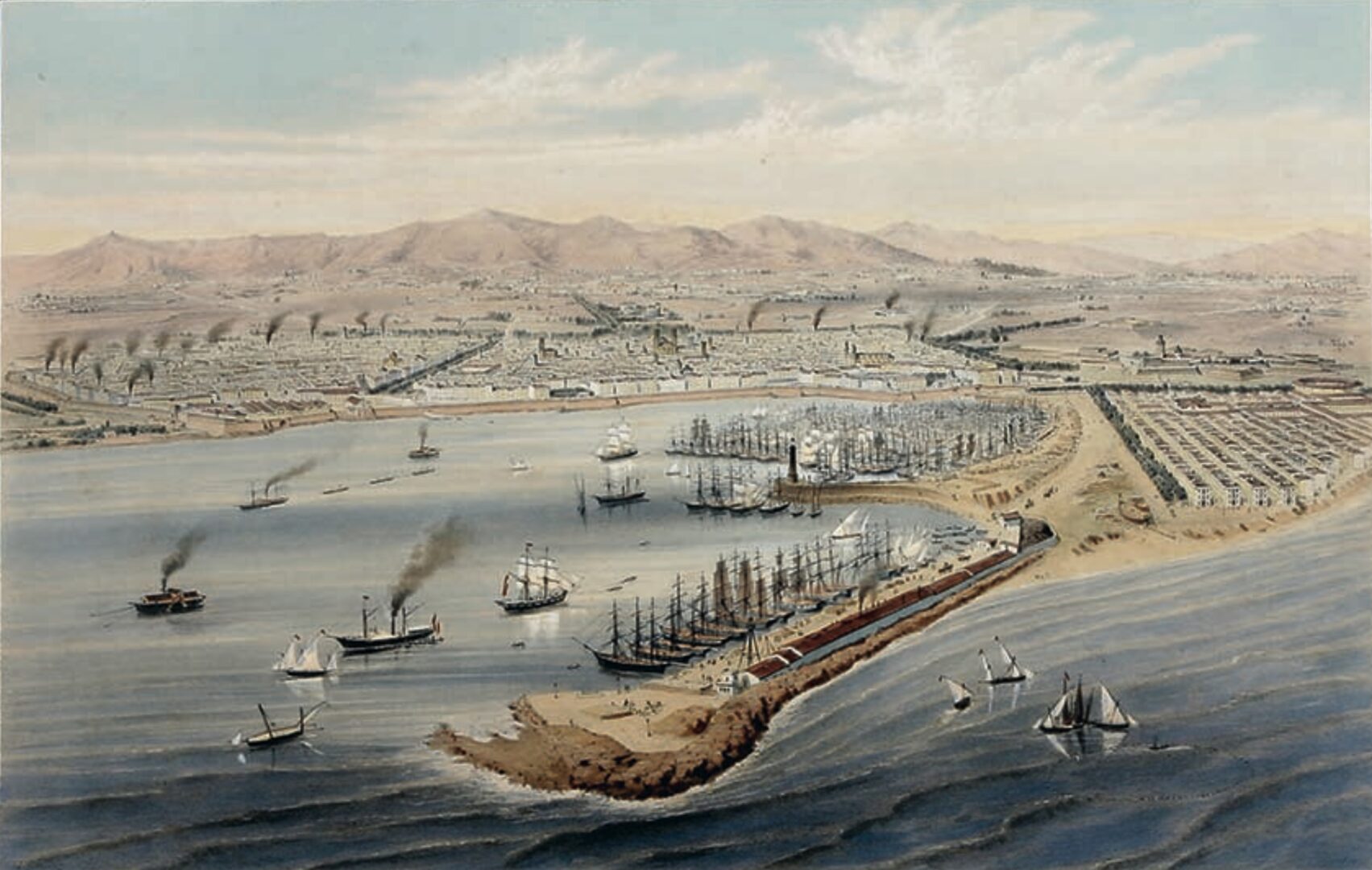 Barcelona from the port entrance, 1856. Photo: WikimediaCommons/Arxiu Historic de la Ciutat de Barcelona.