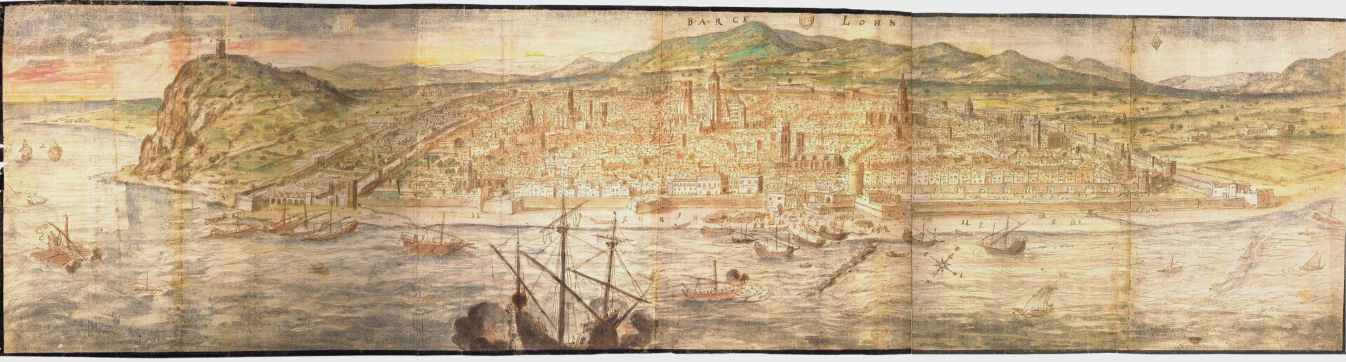 La ville de Barcelone en 1563, avec le littoral au premier plan. Anthony van den Wyngaerde. Photo : WikimediaCommons/Urbanity.es. Argo16. Musée maritime de Barcelone.