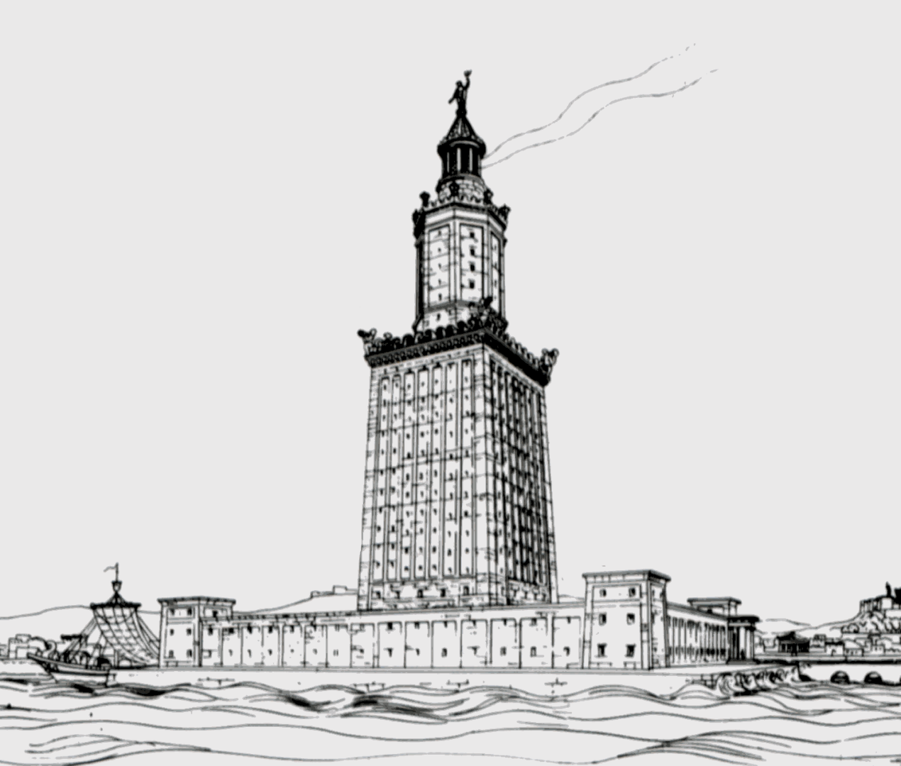 Dibuix del far d'Alexandria de l'arqueòleg alemany, el professor H. Thiersch (1909). Font: WikimediaCommons.