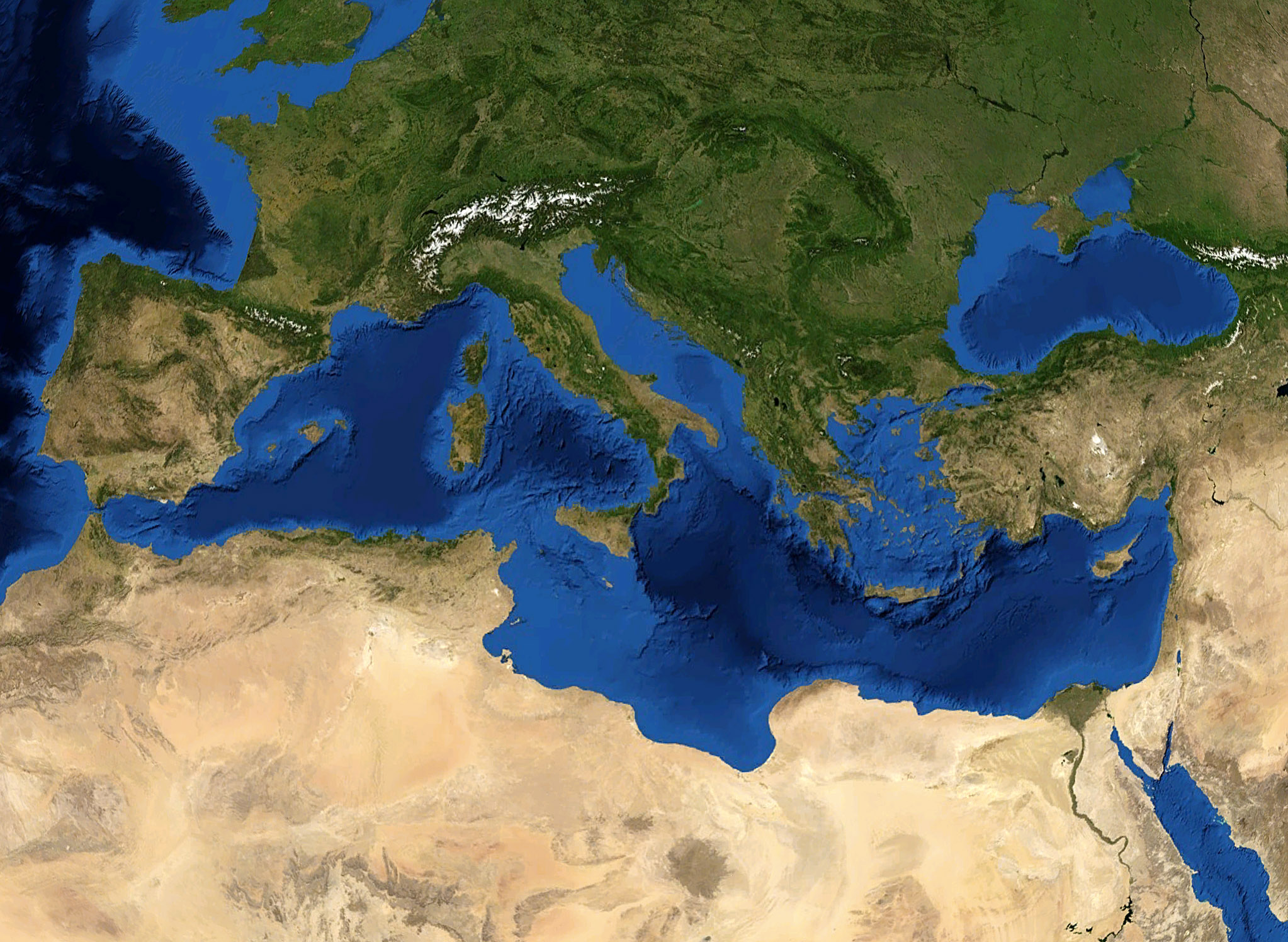 Imagen de satélite del mar Mediterráneo. Foto: NASA World Wind / Wikicommons. Argo 16.   Museo Marítimo de Barcelona.