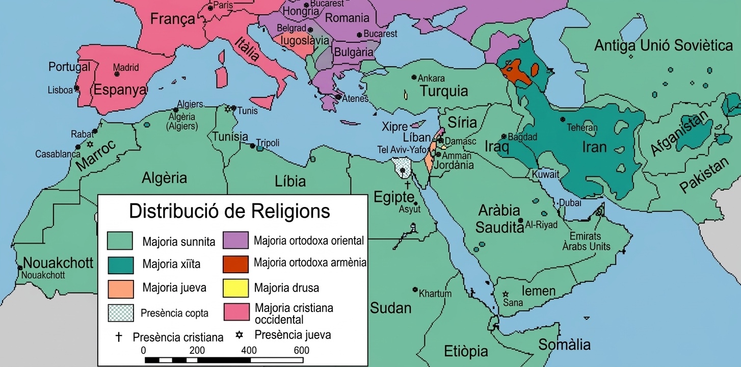Mapa actualitzat de les religions al Mediterrani. Mapa: WikimediaCommons/trad.AI.