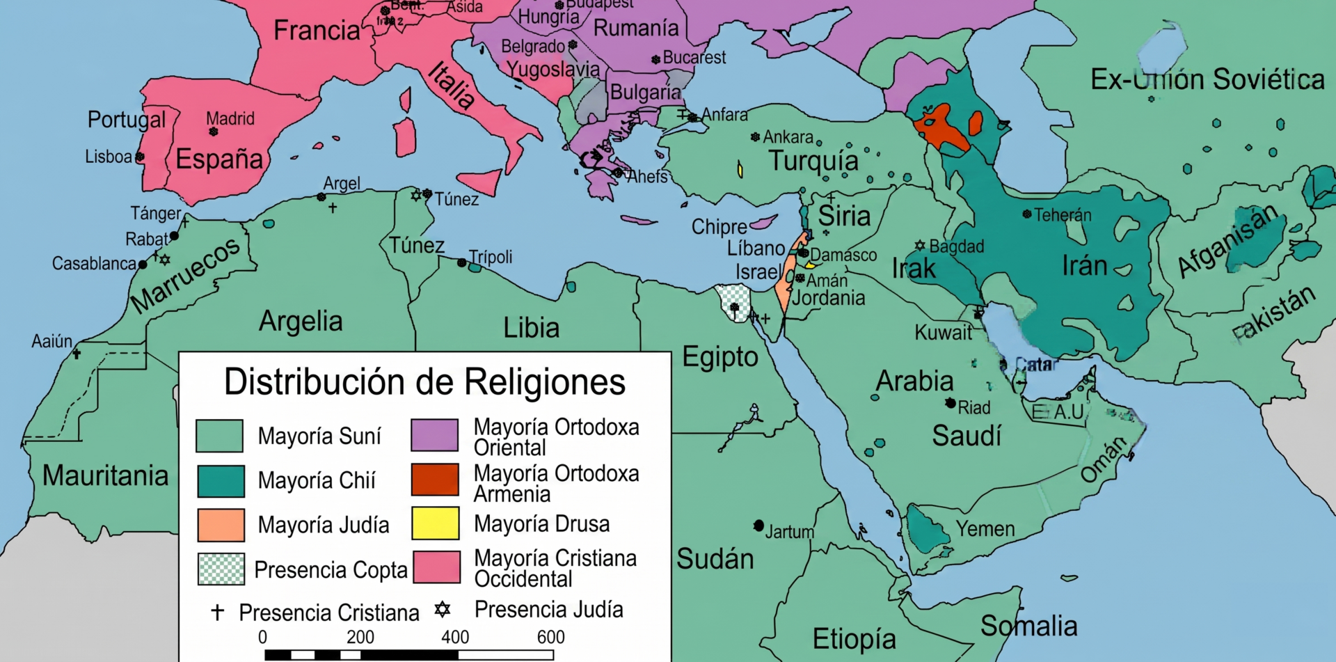 Mapa actualizado de las religiones en el Mediterráneo. Mapa: WikimediaCommons / trad.AI.