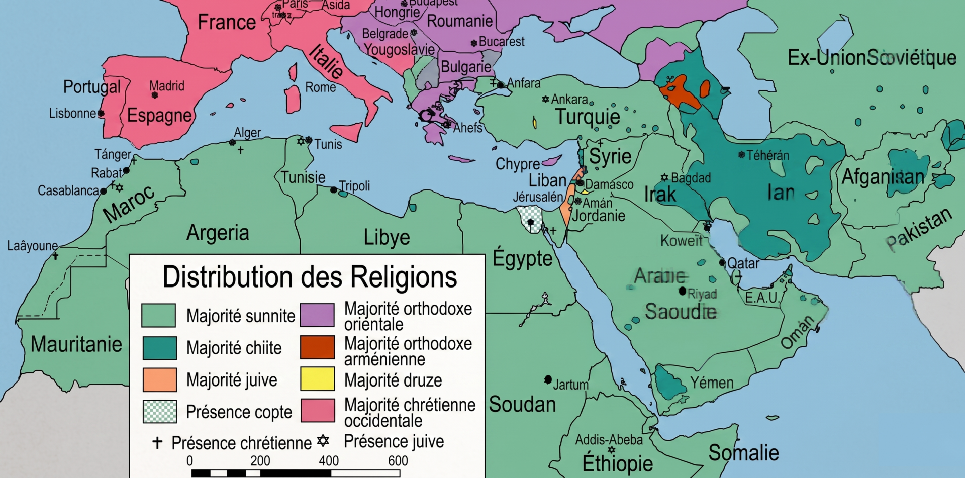 Carte actualisée des religions en Méditerranée. Carte : WikimediaCommons/trad.AI.