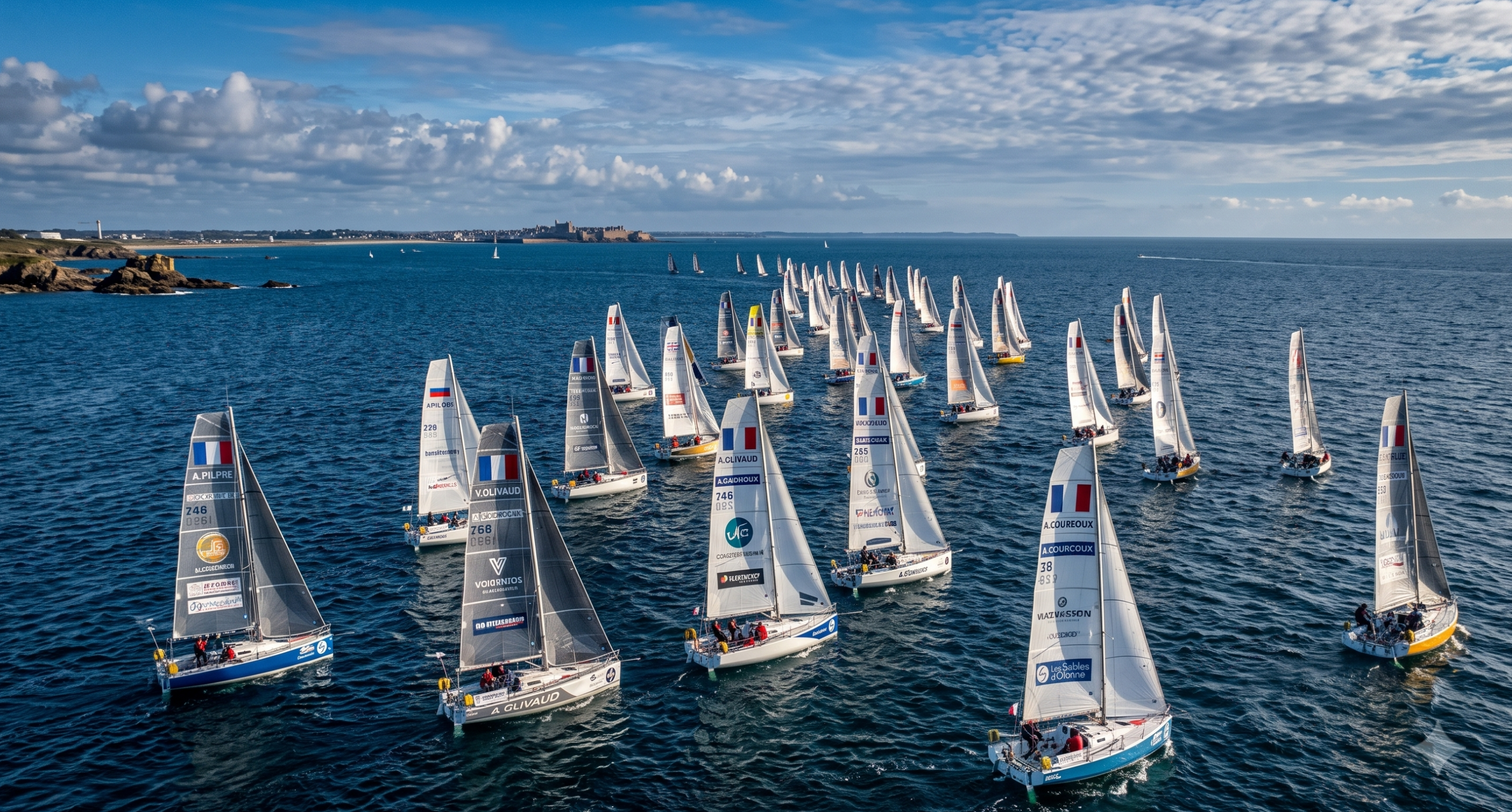 Salida de la Mini Transat de 2025, una de las travesías oceánicas en solitario más extremas del mundo. 89 regatistas de 13 países cruzaron el Atlántico en barcos de tan solo 6,5 metros de eslora, sin asistencia. Tratamiento digital de una foto de Volivaud - A. Courcoux - A. Pilpre © C. Barredo