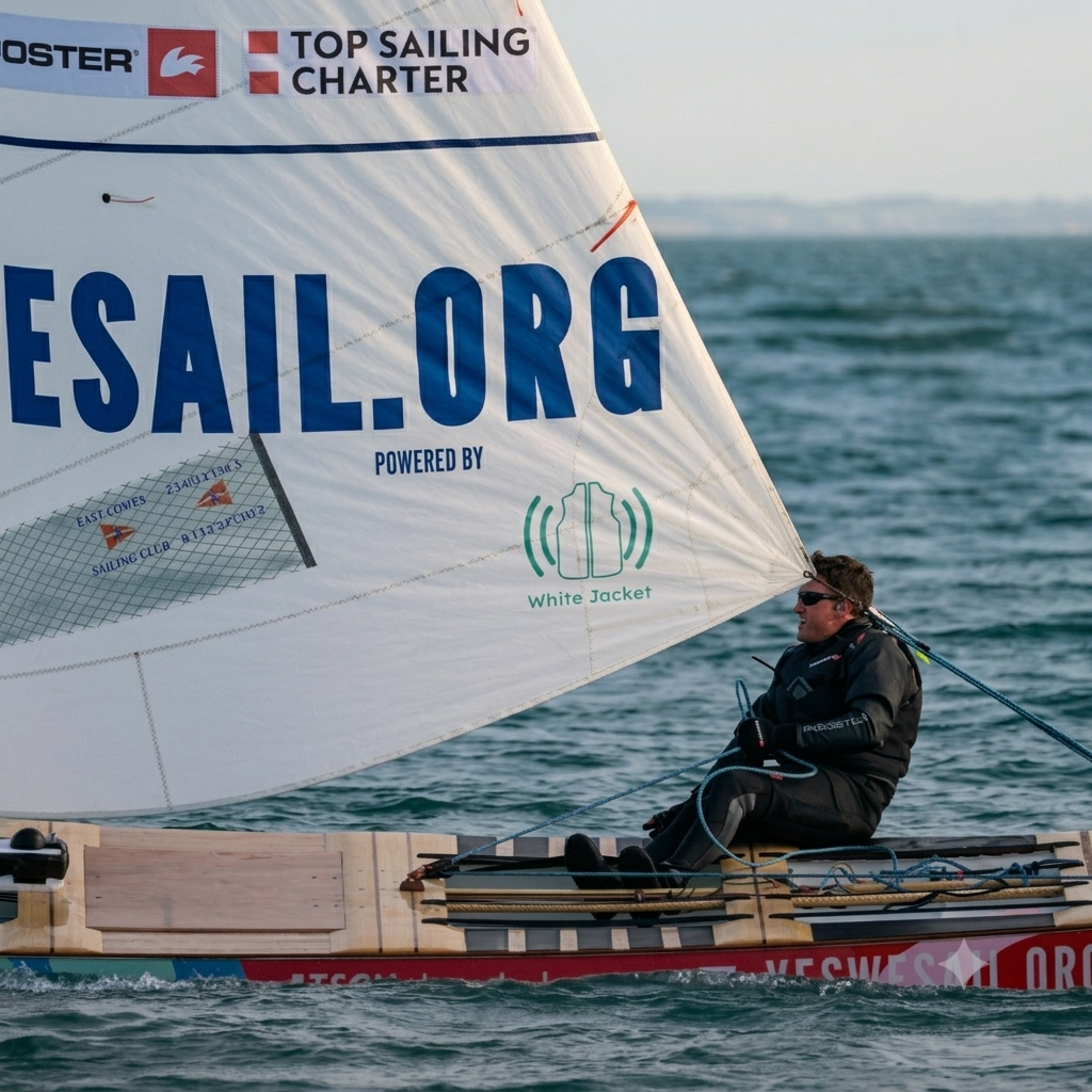 Dani Anglada a bord del seu patí català en plena circumval·lació de l’illa de Wight. © YesWeSail
