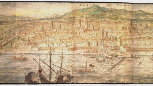 The city of Barcelona in 1563, with the coastline in the foreground. Anthony van den Wyngaerde. Photo: WikimediaCommons/Urbanity.es. Argo 16.    Museu Marítim de Barcelona.