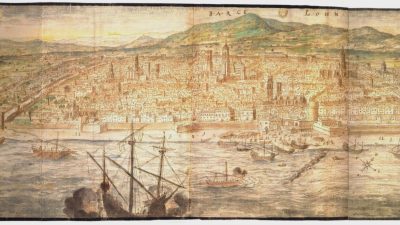 La ville de Barcelone en 1563, avec le littoral au premier plan. Anthony van den Wyngaerde. Photo : WikimediaCommons/Urbanity.es. Argo16.    Musée maritime de Barcelone.