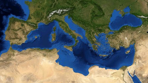 Satellite image of the Mediterranean Sea. Photo: NASA World Wind/Wikicommons. Argo 16.   Maritime Museum of Barcelona.